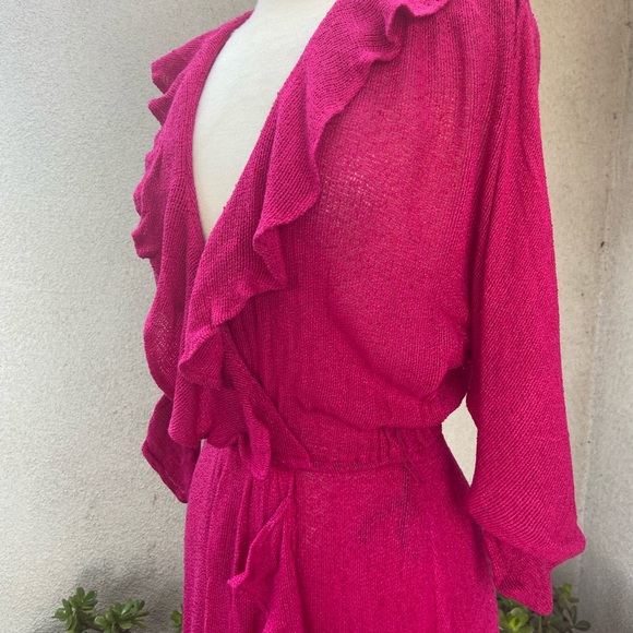 Vtg boho fuchsia knit ruffle dress sz M Sybil Ca - Picture 9 of 13